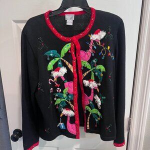 Vintage Beaded Tacky Christmas Flamingo Cardigan
